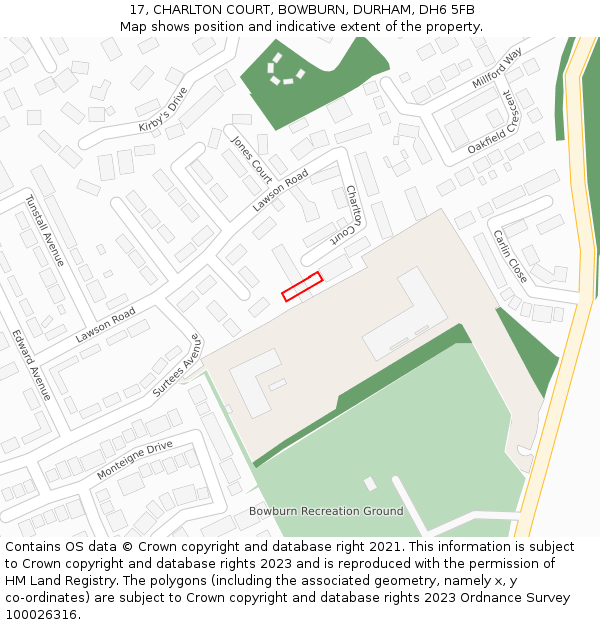 17, CHARLTON COURT, BOWBURN, DURHAM, DH6 5FB: Location map and indicative extent of plot
