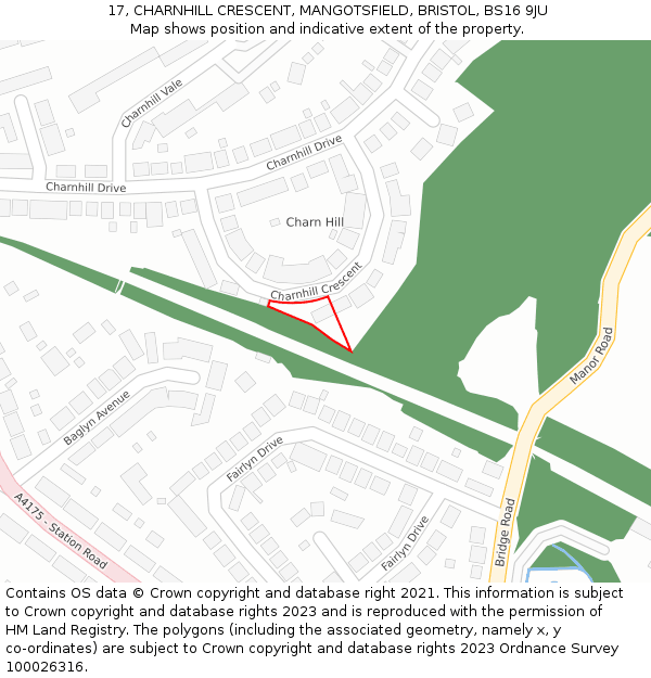 17, CHARNHILL CRESCENT, MANGOTSFIELD, BRISTOL, BS16 9JU: Location map and indicative extent of plot