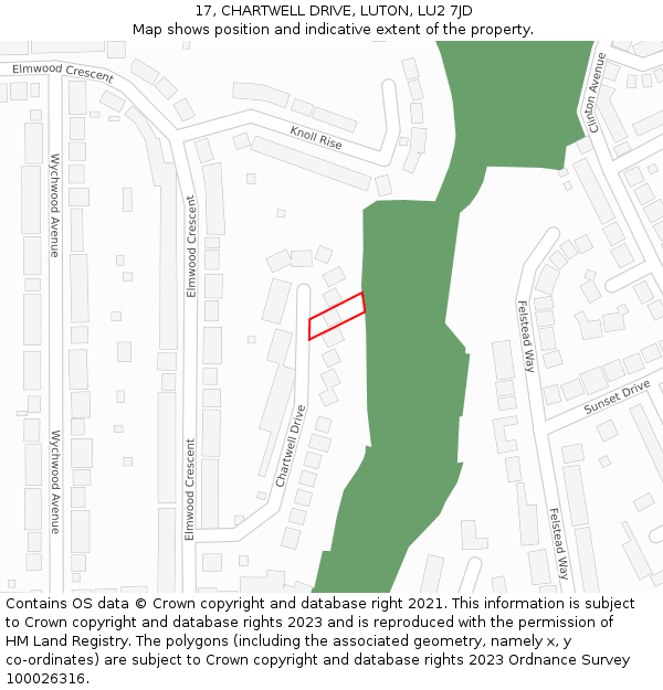 17, CHARTWELL DRIVE, LUTON, LU2 7JD: Location map and indicative extent of plot