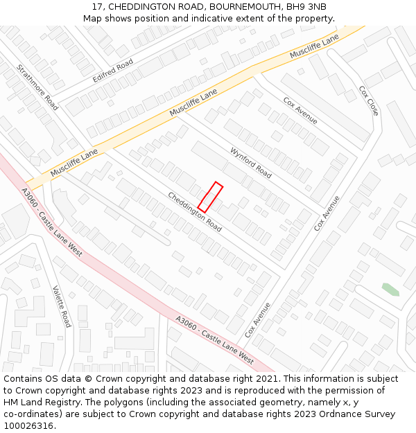 17, CHEDDINGTON ROAD, BOURNEMOUTH, BH9 3NB: Location map and indicative extent of plot