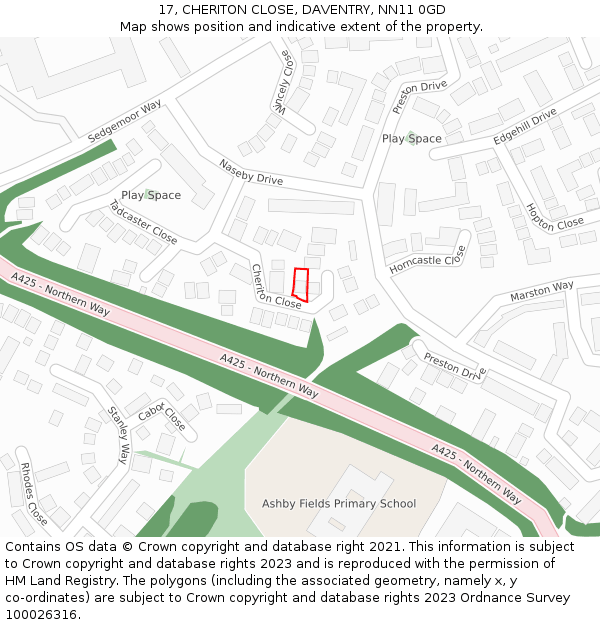 17, CHERITON CLOSE, DAVENTRY, NN11 0GD: Location map and indicative extent of plot