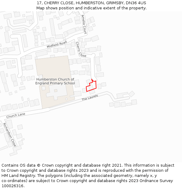 17, CHERRY CLOSE, HUMBERSTON, GRIMSBY, DN36 4US: Location map and indicative extent of plot