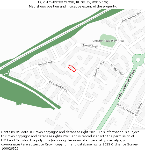 17, CHICHESTER CLOSE, RUGELEY, WS15 1GQ: Location map and indicative extent of plot
