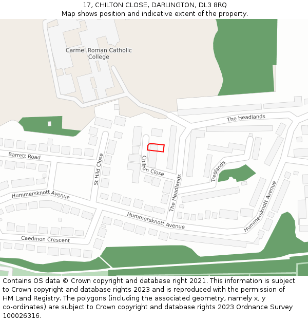 17, CHILTON CLOSE, DARLINGTON, DL3 8RQ: Location map and indicative extent of plot