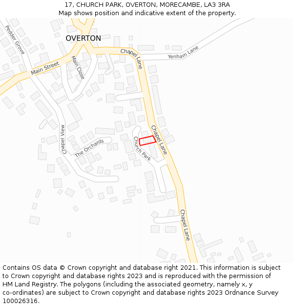 17, CHURCH PARK, OVERTON, MORECAMBE, LA3 3RA: Location map and indicative extent of plot