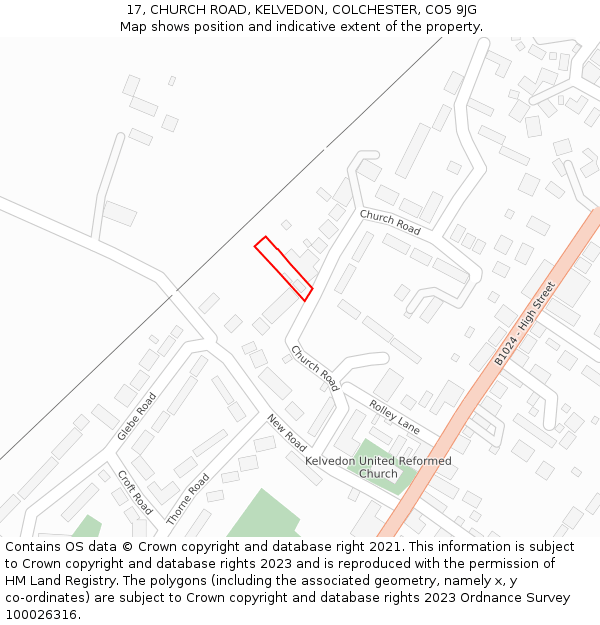 17, CHURCH ROAD, KELVEDON, COLCHESTER, CO5 9JG: Location map and indicative extent of plot