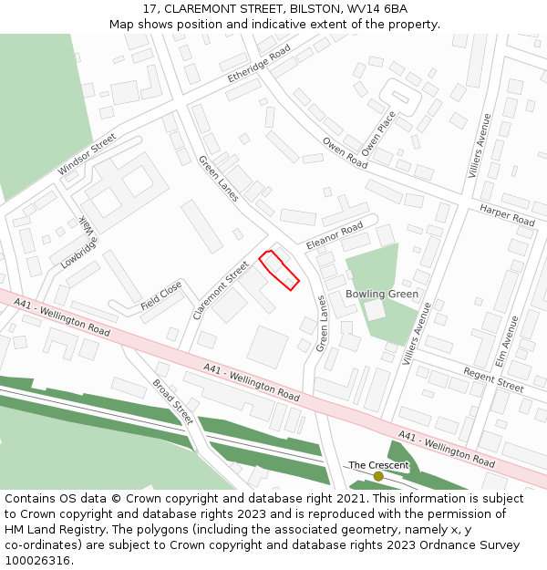 17, CLAREMONT STREET, BILSTON, WV14 6BA: Location map and indicative extent of plot