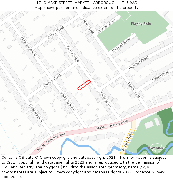 17, CLARKE STREET, MARKET HARBOROUGH, LE16 9AD: Location map and indicative extent of plot