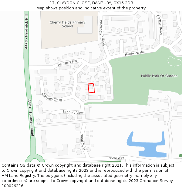 17, CLAYDON CLOSE, BANBURY, OX16 2DB: Location map and indicative extent of plot