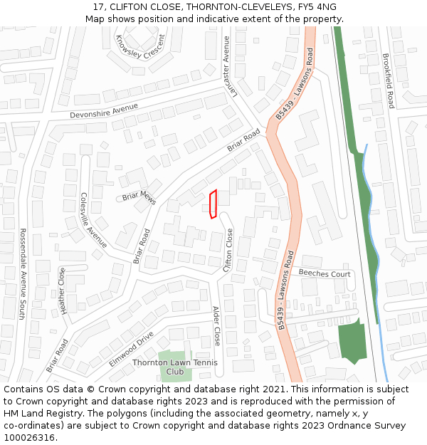 17, CLIFTON CLOSE, THORNTON-CLEVELEYS, FY5 4NG: Location map and indicative extent of plot