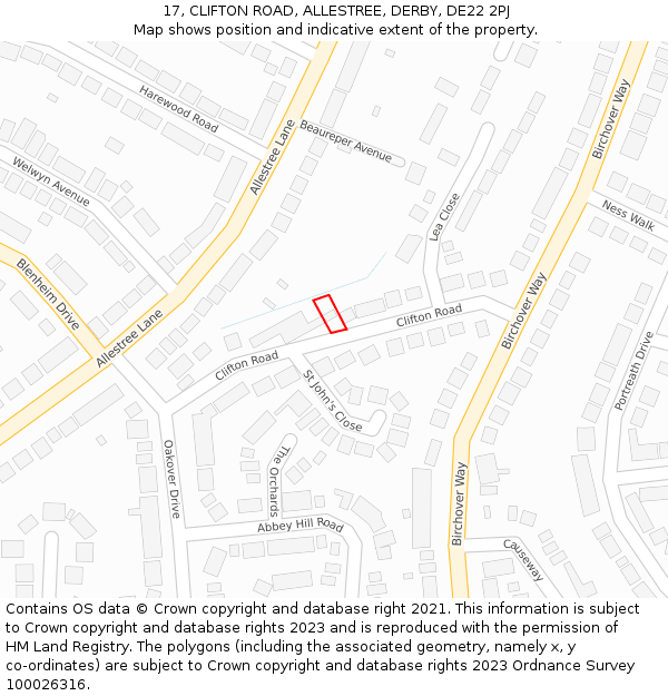 17, CLIFTON ROAD, ALLESTREE, DERBY, DE22 2PJ: Location map and indicative extent of plot