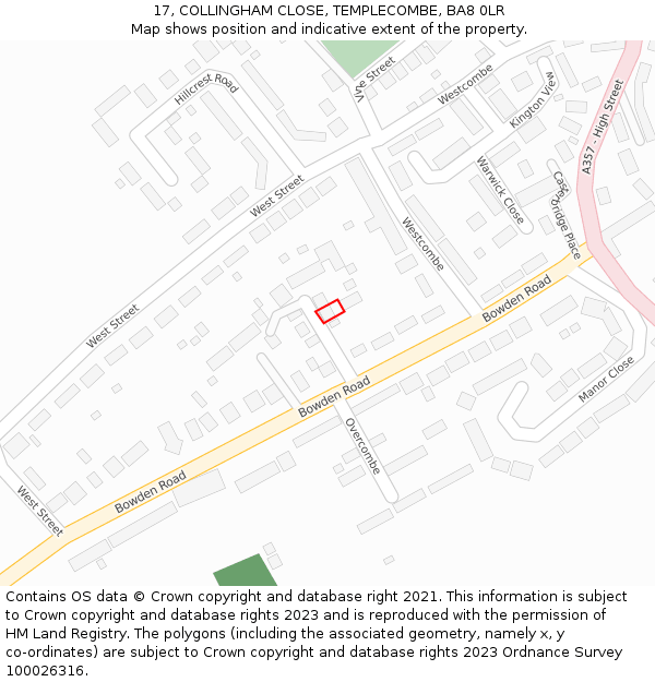 17, COLLINGHAM CLOSE, TEMPLECOMBE, BA8 0LR: Location map and indicative extent of plot