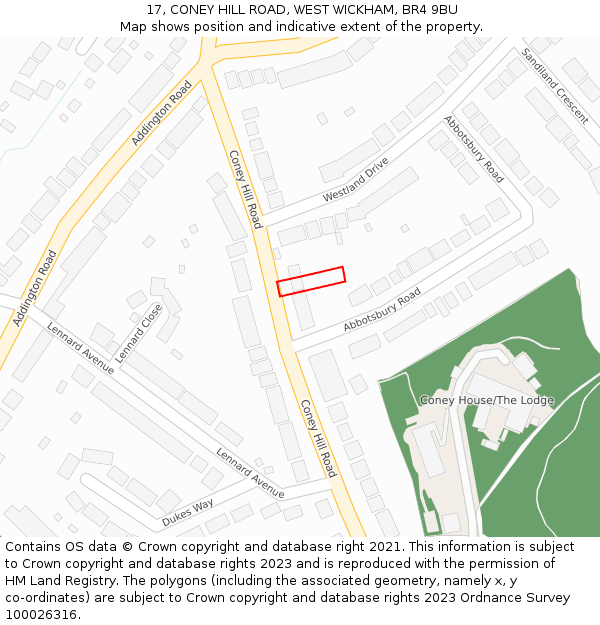 17, CONEY HILL ROAD, WEST WICKHAM, BR4 9BU: Location map and indicative extent of plot