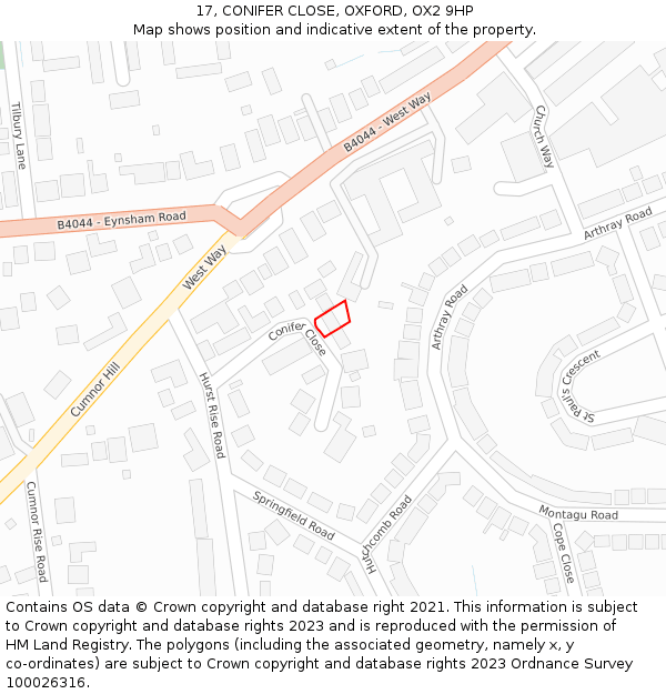 17, CONIFER CLOSE, OXFORD, OX2 9HP: Location map and indicative extent of plot