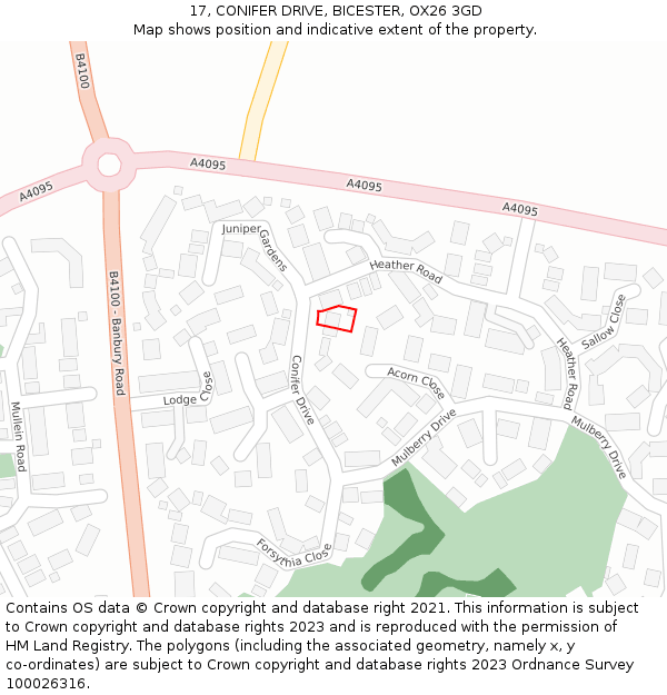 17, CONIFER DRIVE, BICESTER, OX26 3GD: Location map and indicative extent of plot