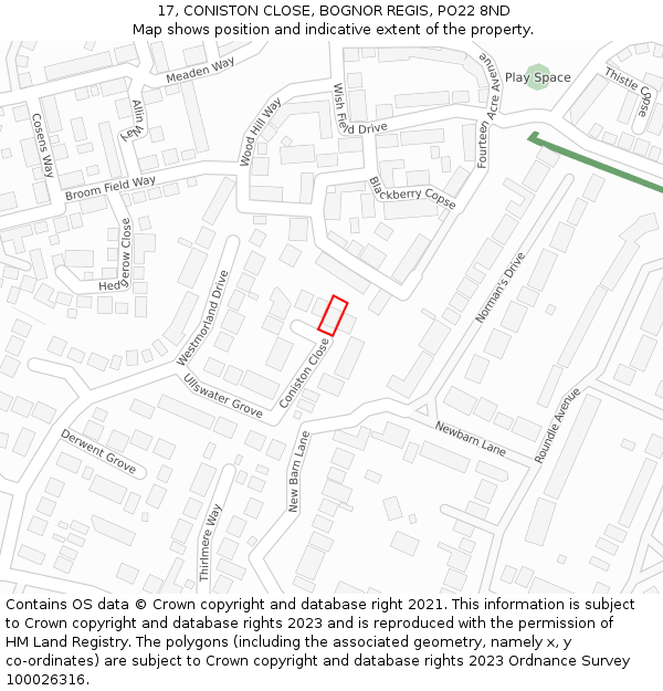 17, CONISTON CLOSE, BOGNOR REGIS, PO22 8ND: Location map and indicative extent of plot