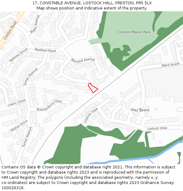 17, CONSTABLE AVENUE, LOSTOCK HALL, PRESTON, PR5 5LX: Location map and indicative extent of plot