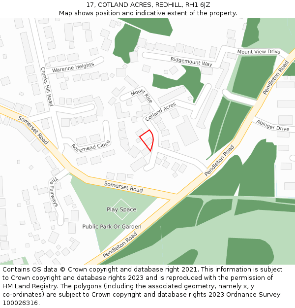 17, COTLAND ACRES, REDHILL, RH1 6JZ: Location map and indicative extent of plot