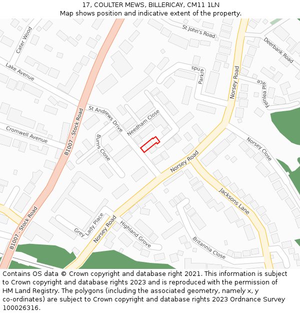 17, COULTER MEWS, BILLERICAY, CM11 1LN: Location map and indicative extent of plot