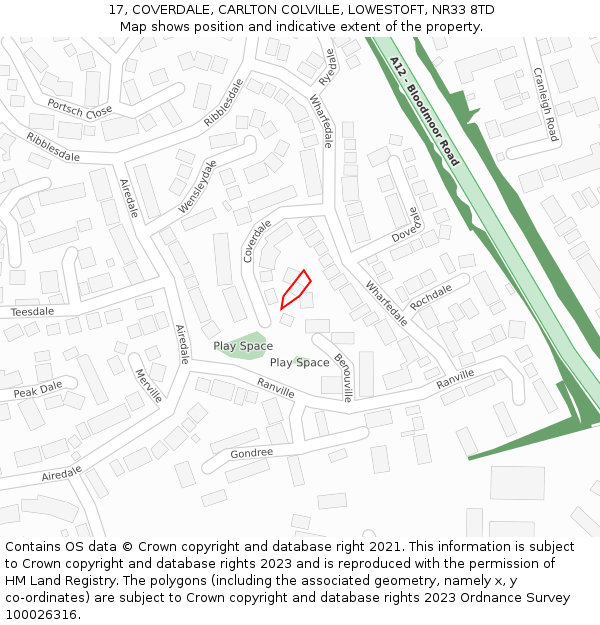 17, COVERDALE, CARLTON COLVILLE, LOWESTOFT, NR33 8TD: Location map and indicative extent of plot