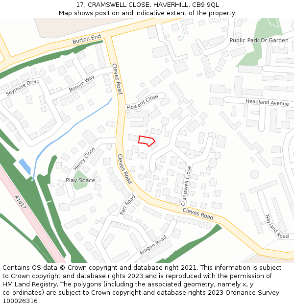 17, CRAMSWELL CLOSE, HAVERHILL, CB9 9QL: Location map and indicative extent of plot