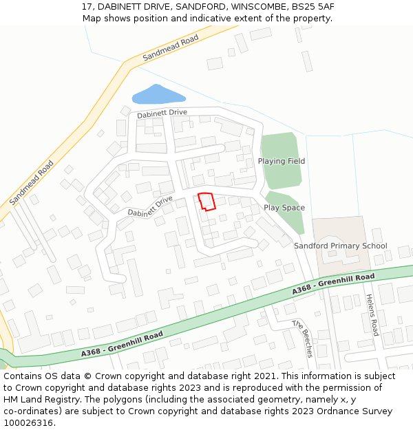 17, DABINETT DRIVE, SANDFORD, WINSCOMBE, BS25 5AF: Location map and indicative extent of plot