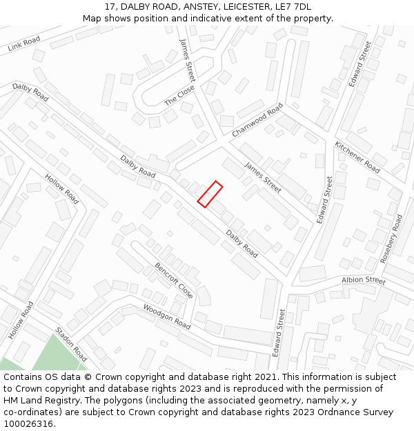 17, DALBY ROAD, ANSTEY, LEICESTER, LE7 7DL: Location map and indicative extent of plot