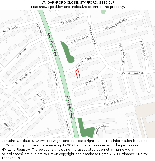 17, DARNFORD CLOSE, STAFFORD, ST16 1LR: Location map and indicative extent of plot