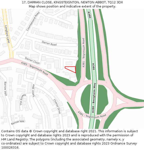 17, DARRAN CLOSE, KINGSTEIGNTON, NEWTON ABBOT, TQ12 3DX: Location map and indicative extent of plot