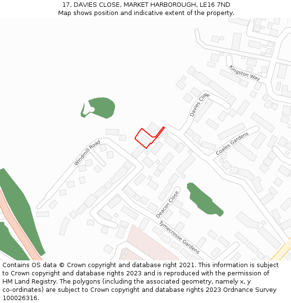17, DAVIES CLOSE, MARKET HARBOROUGH, LE16 7ND: Location map and indicative extent of plot