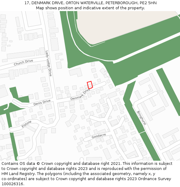17, DENMARK DRIVE, ORTON WATERVILLE, PETERBOROUGH, PE2 5HN: Location map and indicative extent of plot