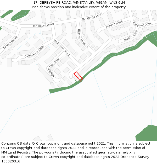 17, DERBYSHIRE ROAD, WINSTANLEY, WIGAN, WN3 6LN: Location map and indicative extent of plot