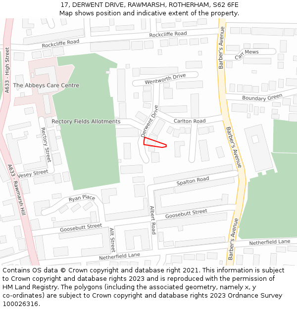 17, DERWENT DRIVE, RAWMARSH, ROTHERHAM, S62 6FE: Location map and indicative extent of plot