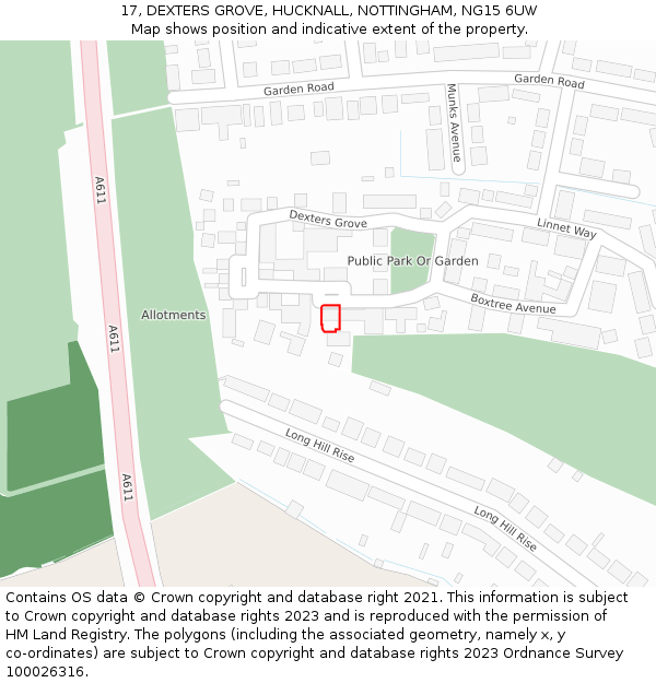 17, DEXTERS GROVE, HUCKNALL, NOTTINGHAM, NG15 6UW: Location map and indicative extent of plot