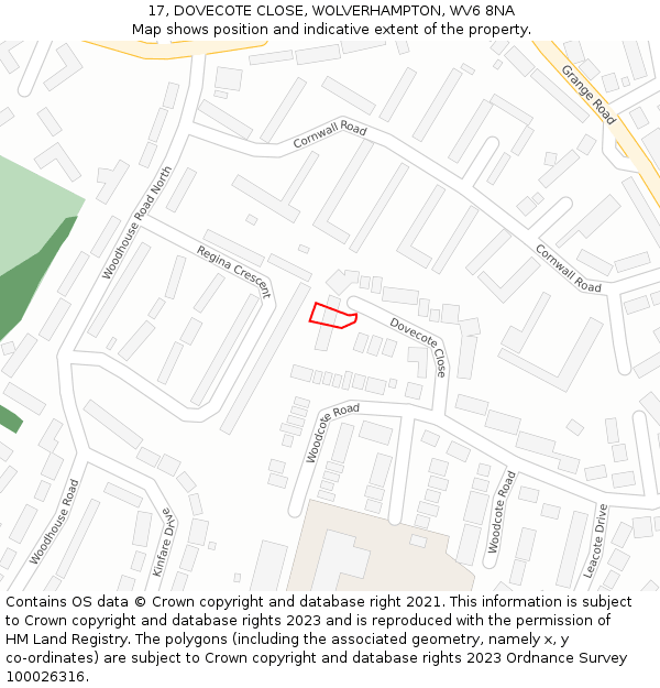 17, DOVECOTE CLOSE, WOLVERHAMPTON, WV6 8NA: Location map and indicative extent of plot