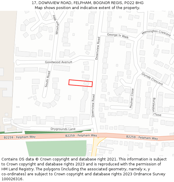 17, DOWNVIEW ROAD, FELPHAM, BOGNOR REGIS, PO22 8HG: Location map and indicative extent of plot