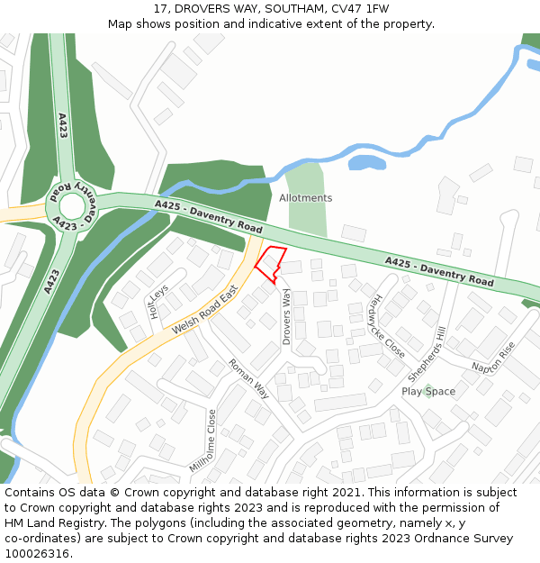 17, DROVERS WAY, SOUTHAM, CV47 1FW: Location map and indicative extent of plot