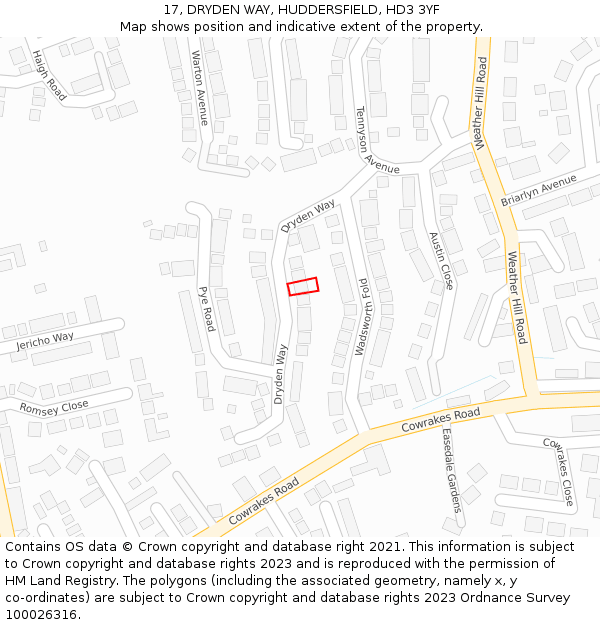 17, DRYDEN WAY, HUDDERSFIELD, HD3 3YF: Location map and indicative extent of plot