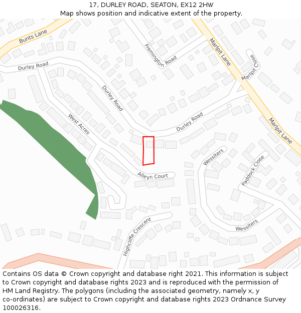 17, DURLEY ROAD, SEATON, EX12 2HW: Location map and indicative extent of plot