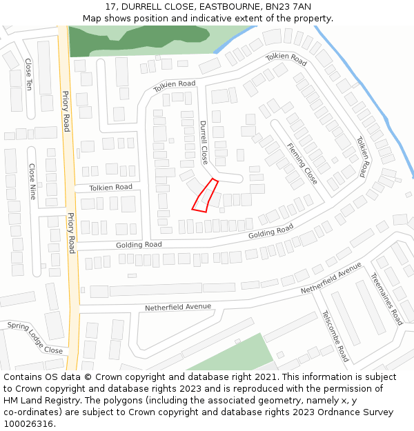 17, DURRELL CLOSE, EASTBOURNE, BN23 7AN: Location map and indicative extent of plot