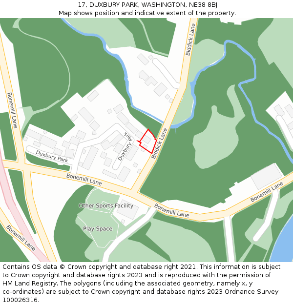 17, DUXBURY PARK, WASHINGTON, NE38 8BJ: Location map and indicative extent of plot