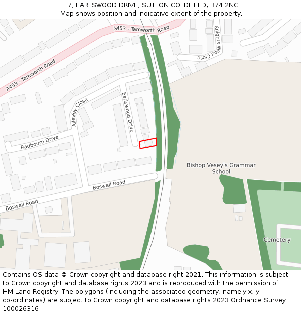 17, EARLSWOOD DRIVE, SUTTON COLDFIELD, B74 2NG: Location map and indicative extent of plot