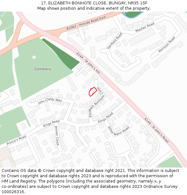 17, ELIZABETH BONHOTE CLOSE, BUNGAY, NR35 1SF: Location map and indicative extent of plot