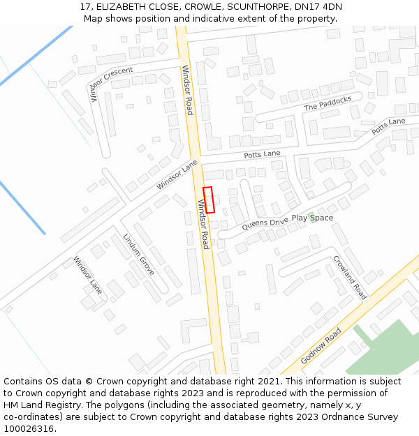 17, ELIZABETH CLOSE, CROWLE, SCUNTHORPE, DN17 4DN: Location map and indicative extent of plot