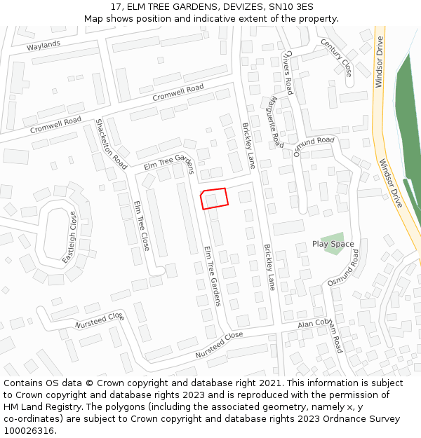 17, ELM TREE GARDENS, DEVIZES, SN10 3ES: Location map and indicative extent of plot