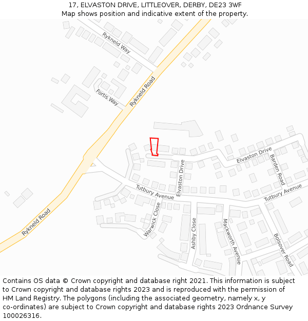 17, ELVASTON DRIVE, LITTLEOVER, DERBY, DE23 3WF: Location map and indicative extent of plot
