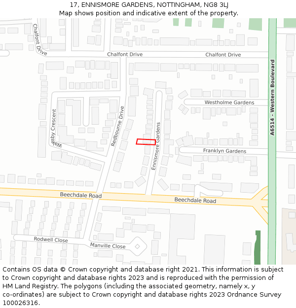 17, ENNISMORE GARDENS, NOTTINGHAM, NG8 3LJ: Location map and indicative extent of plot