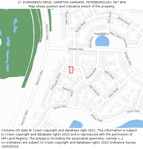 17, EVERGREEN DRIVE, HAMPTON HARGATE, PETERBOROUGH, PE7 8FW: Location map and indicative extent of plot