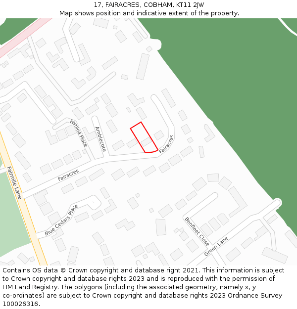 17, FAIRACRES, COBHAM, KT11 2JW: Location map and indicative extent of plot