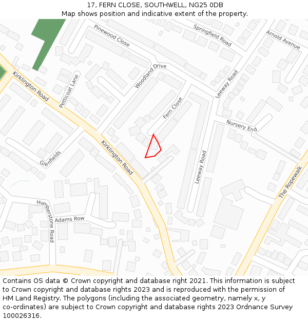 17, FERN CLOSE, SOUTHWELL, NG25 0DB: Location map and indicative extent of plot